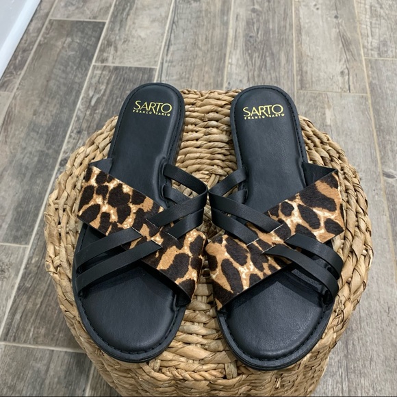 Franco Sarto Calf Hair Leather Slide On Flat Sandals - Picture 1 of 7